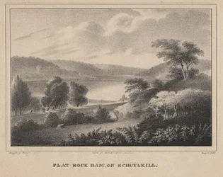 Flat Rock Dam, op Schuykill, gegraveerd door Moses Swett, 1827